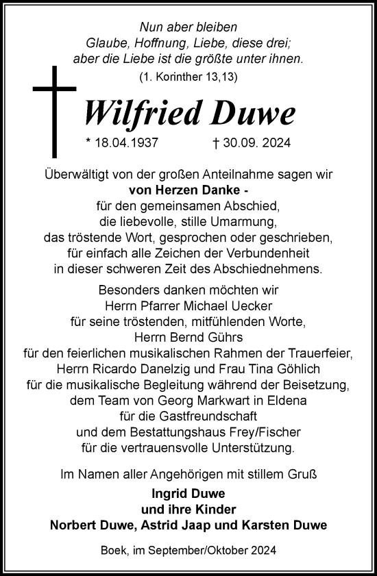 Traueranzeige von Wilfried Duwe von Ludwigsluster Tageblatt