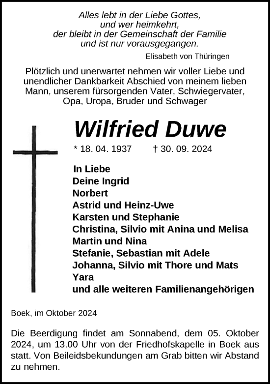 Traueranzeige von Wilfried Duwe von Ludwigsluster Tageblatt