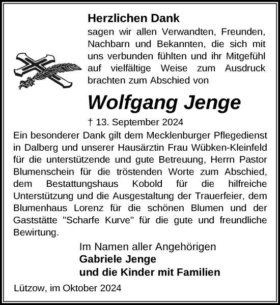 Traueranzeige von Wolfgang Jenge von Gadebusch - Rehnaer Zeitung