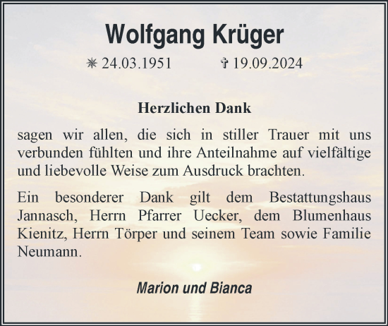 Traueranzeige von Wolfgang Krüger von Der Prignitzer, Prignitz Express