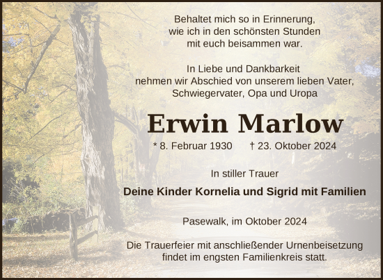 Traueranzeige von Erwin Marlow von Nordkurier Pasewalker Zeitung