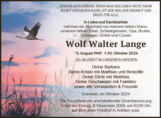 Traueranzeige von Wolf Walter Lange von Nordkurier Vorpommern Kurier