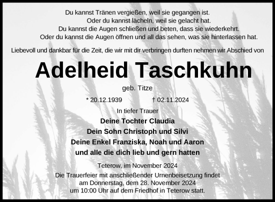 Traueranzeige von Adelheid Taschkuhn von Nordkurier Mecklenburger Schweiz