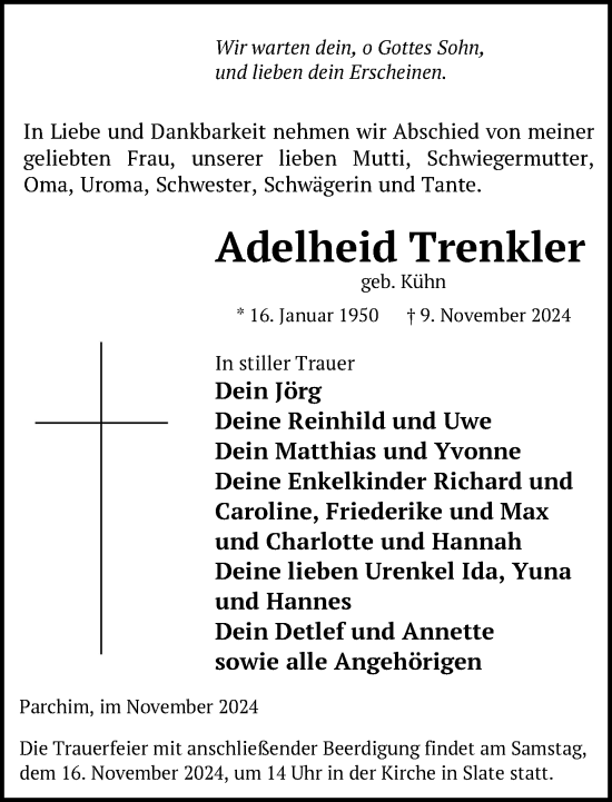 Traueranzeige von Adelheid Trenkler von Parchim und Lübz