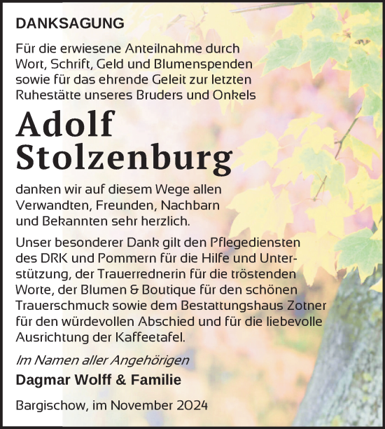 Traueranzeige von Adolf Stolzenburg von Nordkurier Vorpommern Kurier