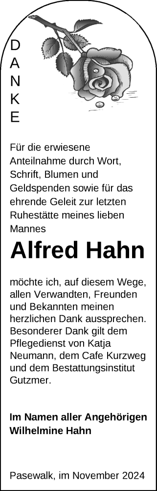 Traueranzeige von Alfred Hahn von Nordkurier Pasewalker Zeitung