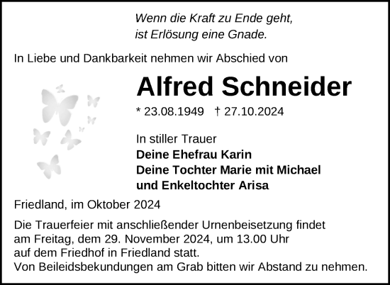 Traueranzeige von Alfred Schneider von Nordkurier Neubrandenburger Zeitung