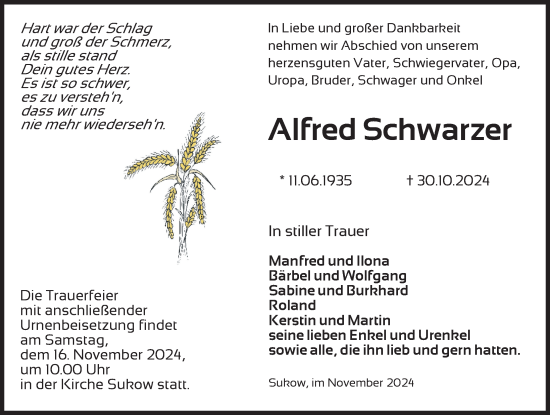 Traueranzeige von Alfred Schwarzer von Zeitung für die Landeshauptstadt