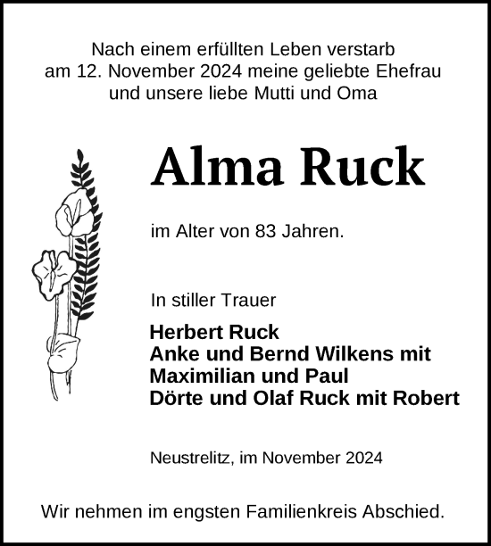 Traueranzeige von Alma Ruck von Nordkurier Strelitzer Zeitung