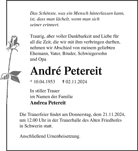 Traueranzeige von Andre Petereit von Norddeutsche Neueste Nachrichten