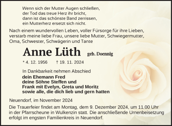 Traueranzeige von Anne Lüth von Nordkurier Neubrandenburger Zeitung