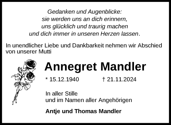 Traueranzeige von Annegret Mandler von Nordkurier Neubrandenburger Zeitung