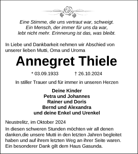 Traueranzeige von Annegret Thiele von Nordkurier Strelitzer Zeitung