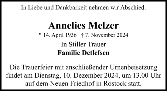 Traueranzeige von Annelies Melzer von Norddeutsche Neueste Nachrichten