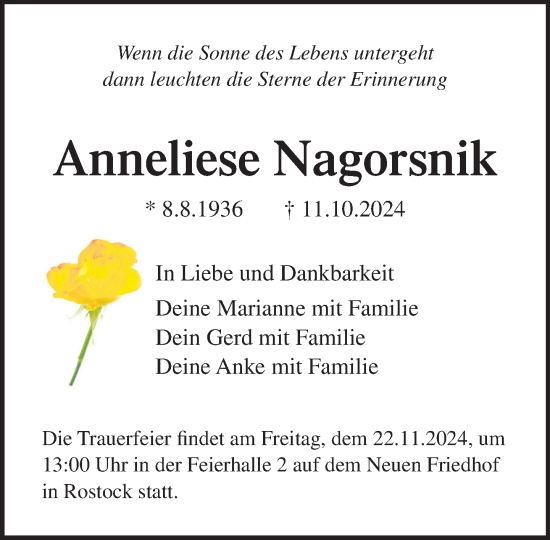 Traueranzeige von Anneliese Nagorsnik von Norddeutsche Neueste Nachrichten