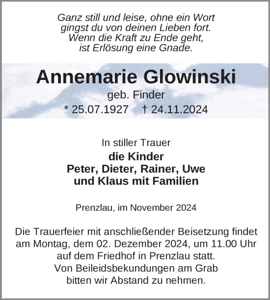 Traueranzeige von Annemarie Glowinski von Uckermark Kurier Prenzlauer Zeitung