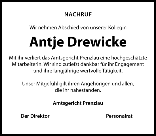 Traueranzeige von Antje Drewicke von WR Prenzlau / Templin