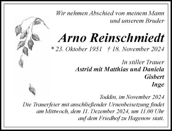 Traueranzeige von Arno Reinschmiedt von Hagenower Kreisblatt