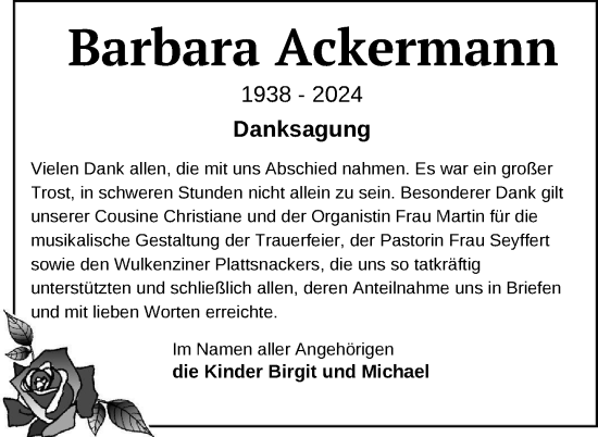 Traueranzeige von Barbara Ackermann von Nordkurier Neubrandenburger Zeitung