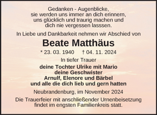 Traueranzeige von Beate Matthäus von Nordkurier Neubrandenburger Zeitung