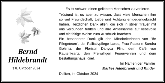 Traueranzeige von Bernd Hildebrandt von Hagenower Kreisblatt