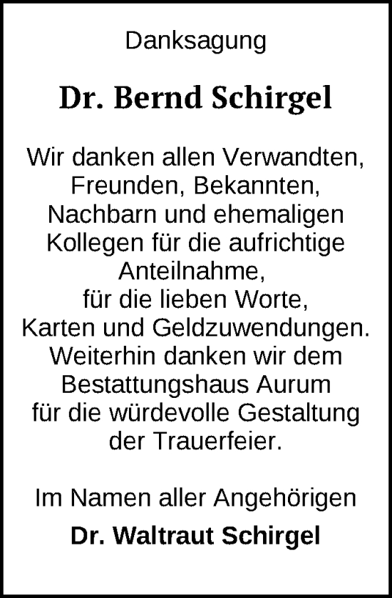 Traueranzeige von Bernd Schirgel von Zeitung für die Landeshauptstadt