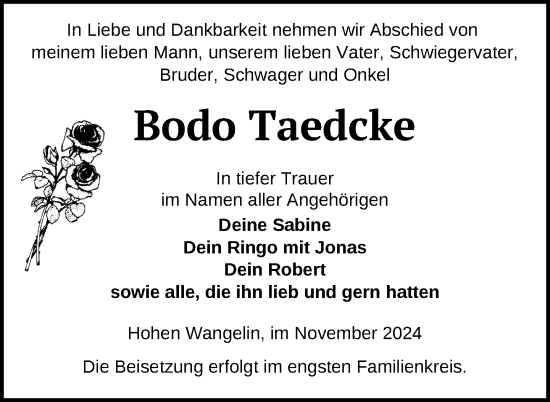 Traueranzeige von Bodo Taedcke von Nordkurier Müritz-Zeitung