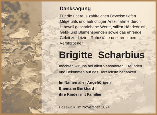 Traueranzeige von Brigitte Scharbius von Nordkurier Pasewalker Zeitung