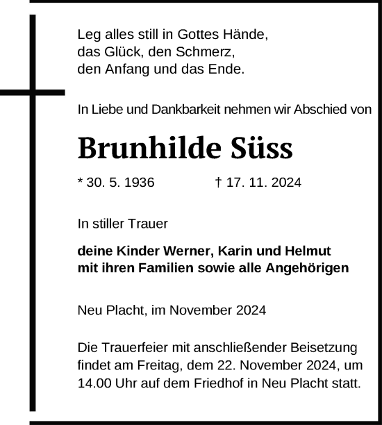 Traueranzeige von Brunhilde Süss von Uckermark Kurier Templiner Zeitung