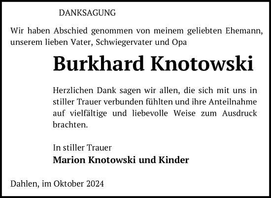 Traueranzeige von Burkhard Knotowski von Nordkurier Neubrandenburger Zeitung