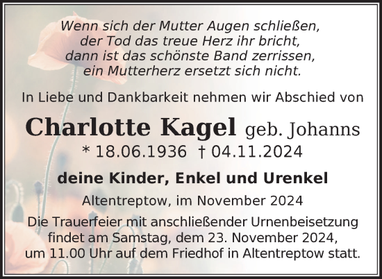 Traueranzeige von Charlotte Kagel von Nordkurier Neubrandenburger Zeitung