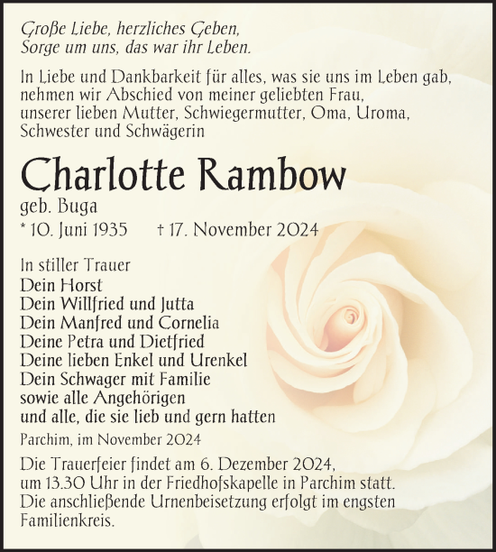 Traueranzeige von Charlotte Rambow von Parchim und Lübz