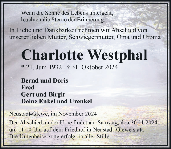 Traueranzeige von Charlotte Westphal von Ludwigsluster Tageblatt