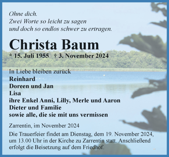 Traueranzeige von Christa Baum von Hagenower Kreisblatt