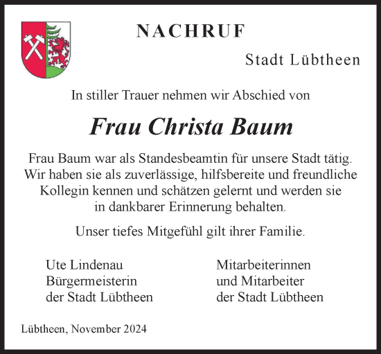 Traueranzeige von Christa Baum von Hagenower Kreisblatt