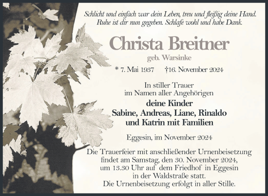 Traueranzeige von Christa Breitner von Nordkurier Haff-Zeitung