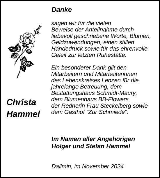 Traueranzeige von Christa Hammel von Der Prignitzer, Prignitz Express