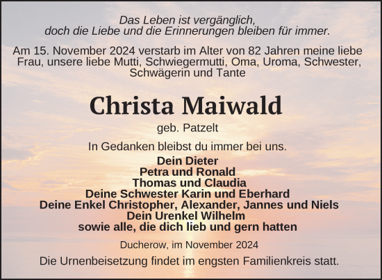 Traueranzeige von Christa Maiwald von Nordkurier Vorpommern Kurier