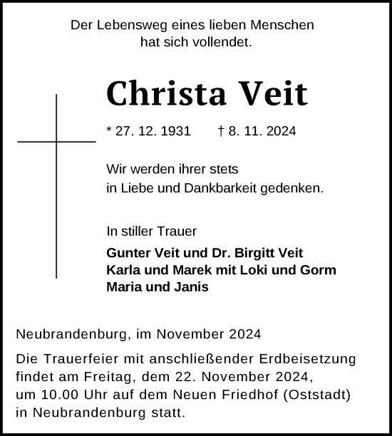 Traueranzeige von Christa Veit von Nordkurier Neubrandenburger Zeitung