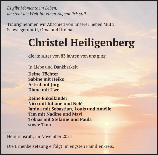 Traueranzeige von Christel Heiligenberg von Nordkurier Haff-Zeitung