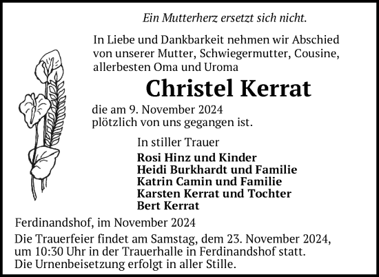 Traueranzeige von Christel Kerrat von Nordkurier Haff-Zeitung