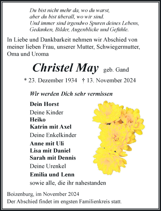 Traueranzeige von Christel May von Hagenower Kreisblatt