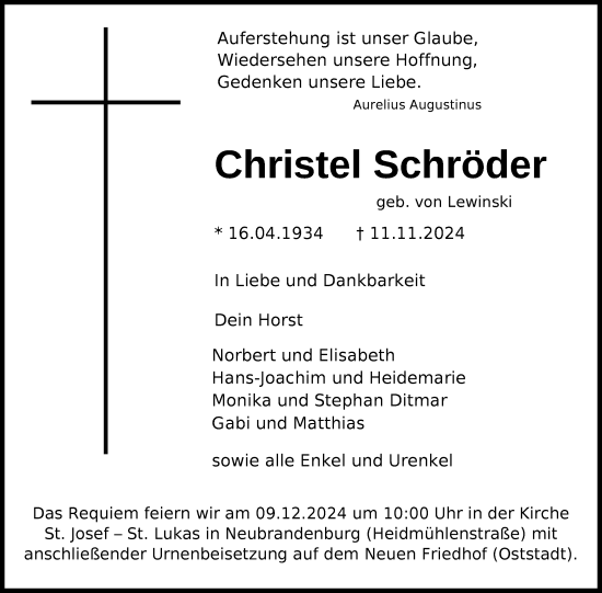 Traueranzeige von Christel Schröder von Nordkurier Neubrandenburger Zeitung