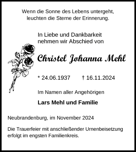 Traueranzeige von Christel Johanna Mehl von Nordkurier Neubrandenburger Zeitung