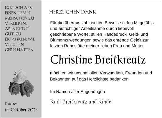 Traueranzeige von Christine Breitkreutz von Nordkurier Neubrandenburger Zeitung