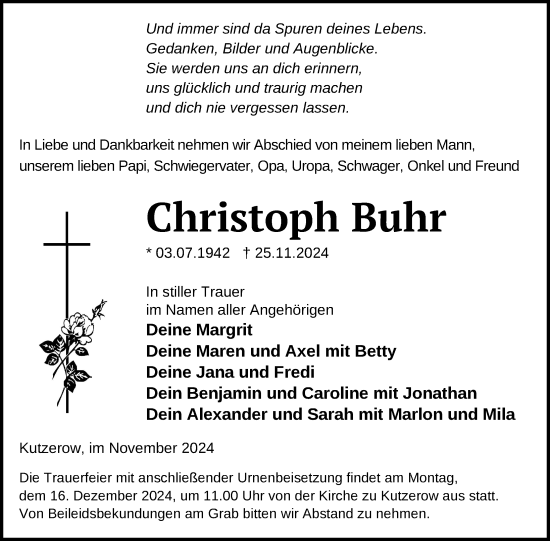 Traueranzeige von Christoph Buhr von Uckermark Kurier Prenzlauer Zeitung