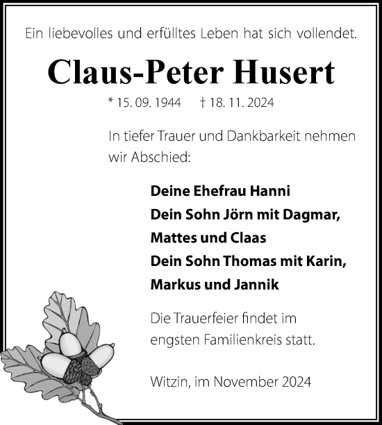 Traueranzeige von Claus-Peter Husert von Anzeiger für Sternberg - Brüel - Warin