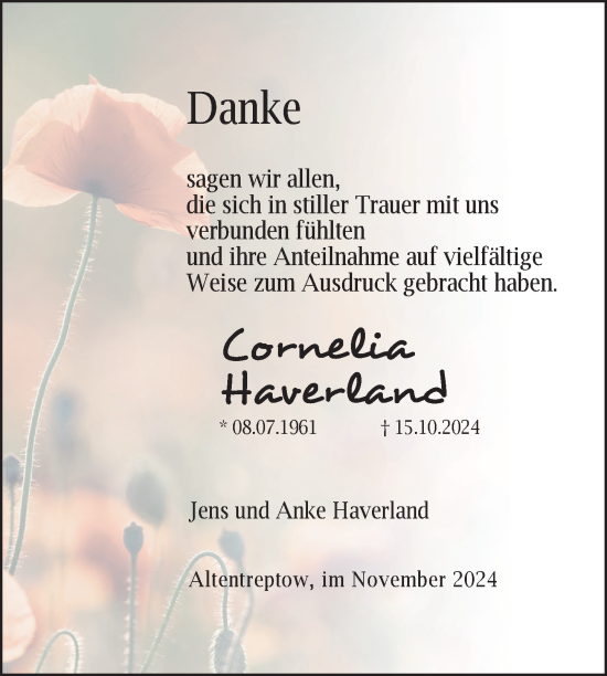 Traueranzeige von Cornelia Haverland von Nordkurier Neubrandenburger Zeitung