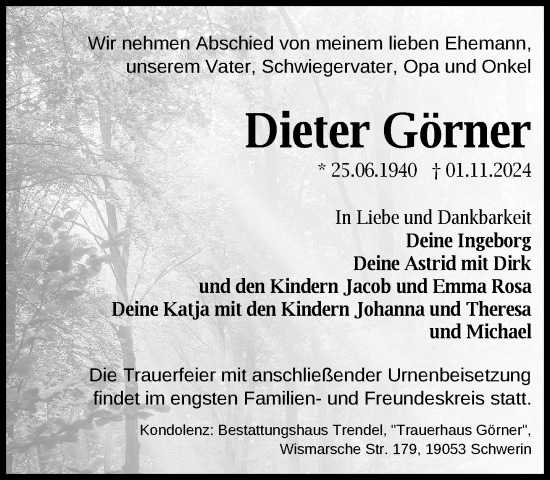 Traueranzeige von Dieter Görner von Zeitung für die Landeshauptstadt