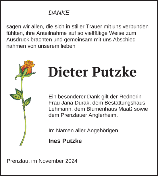 Traueranzeige von Dieter Putzke von Uckermark Kurier Prenzlauer Zeitung